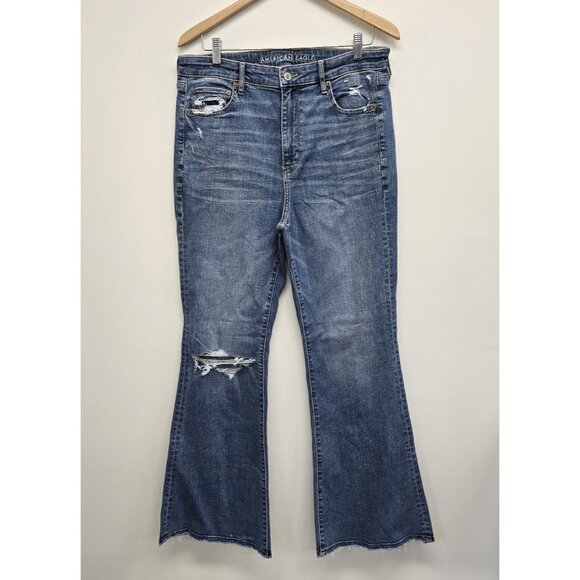 American Eagle Outfitters Denim - AMERICAN EAGLE Super Hi-Rise Flare Jeans Womens Size 14 Blue Denim Raw Edge